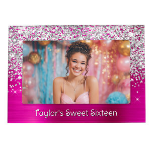 Silver and Hot Pink Glittery Glam Sweet Sixteen Magnetic Frame