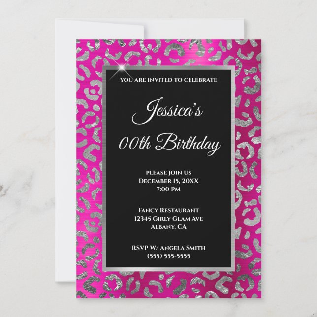 Silver and Hot Pink Leopard Foil Birthday Invitation (Front)