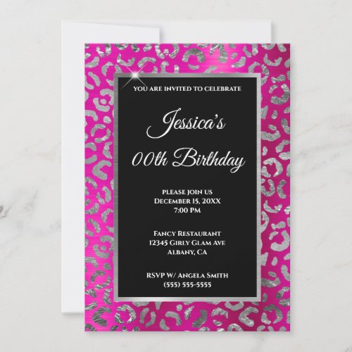 Silver and Hot Pink Leopard Foil Birthday Invitation