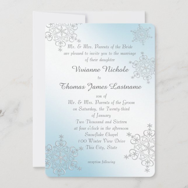 Silver and Ice Blue Snowflakes Wedding Invitation (Front)