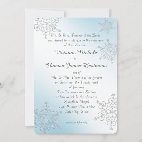 Silver and Ice Blue Snowflakes Wedding Invitation