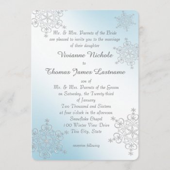 Silver And Ice Blue Snowflakes Wedding Invitation by happygotimes at Zazzle