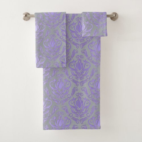 Silver and Lavender Damask Print Towel Set