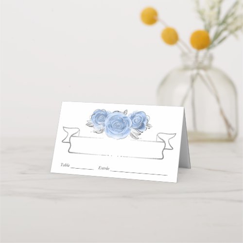 Silver and Light Baby Blue Roses Elegant Place Card