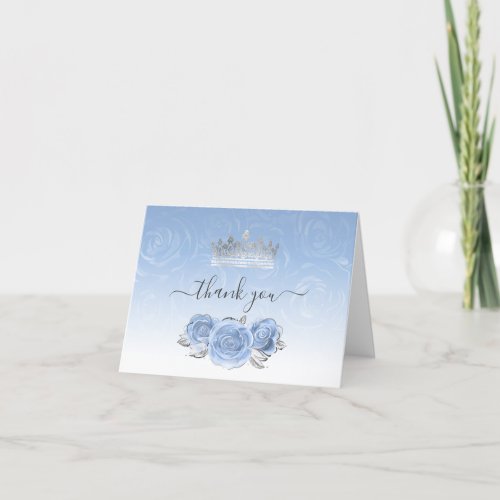 Silver and Light Baby Blue Roses Watercolor Folded Thank You Card