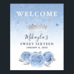 Silver and Light Baby Blue Roses Welcome Party Poster<br><div class="desc">Create your own beautiful personalized welcome party signs using an elegant DIY template that is simple to design on. The fairytale floral art by Raphaela Wilson features a soft watercolor pattern of light baby blue roses, a silver Cinderella princess crown / tiara and sparkling faux glitter butterfly confetti. By customizing...</div>