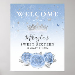 Silver and Light Baby Blue Roses Welcome Party Poster
