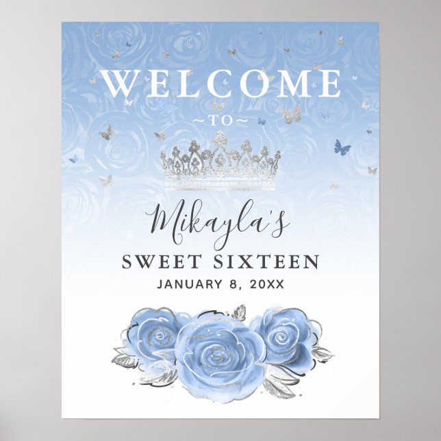 Silver and Light Baby Blue Roses Welcome Party Poster (Front)