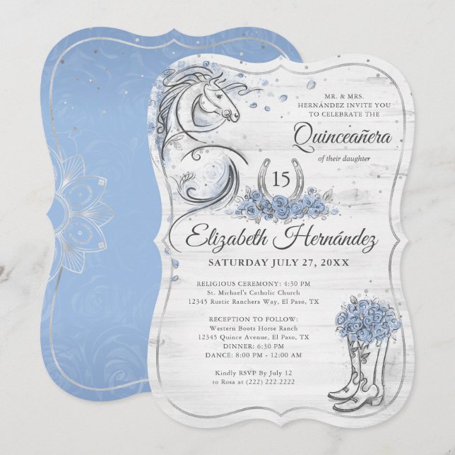 Silver and Light Blue Quince Rustic Horse Birthday Invitation (Front/Back)
