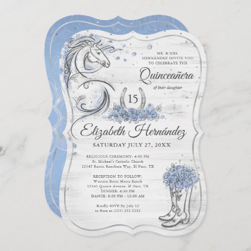 Silver and Light Blue Quince Rustic Horse Birthday Invitation