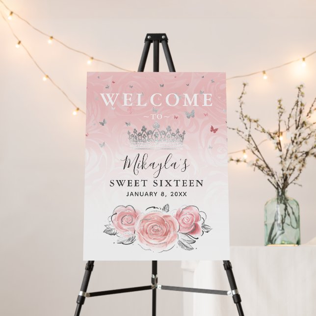 Silver and Light Pink Roses Welcome Party Foam Board (In Situ (Stand))