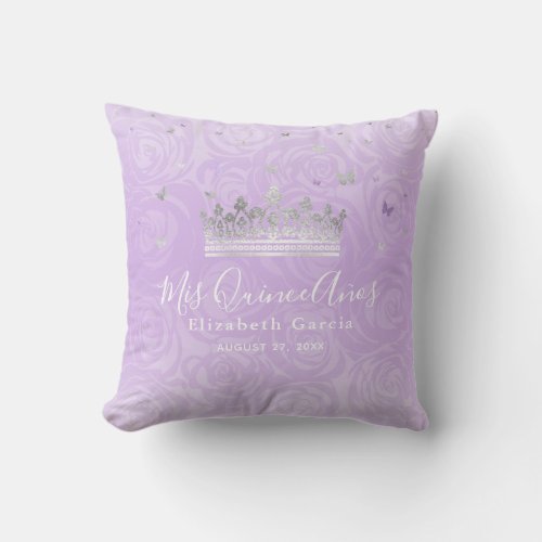 Silver and Light Purple Roses Mis Quince Anos Throw Pillow