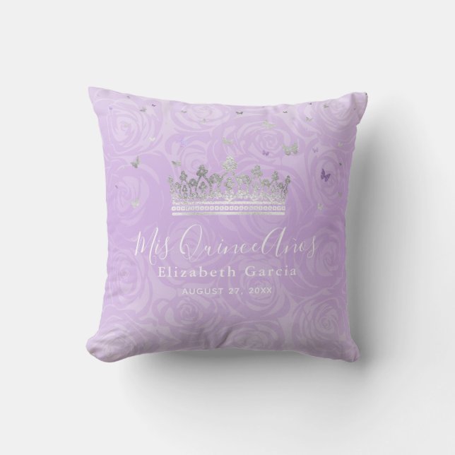 Silver and Light Purple Roses Mis Quince Anos Throw Pillow (Front)