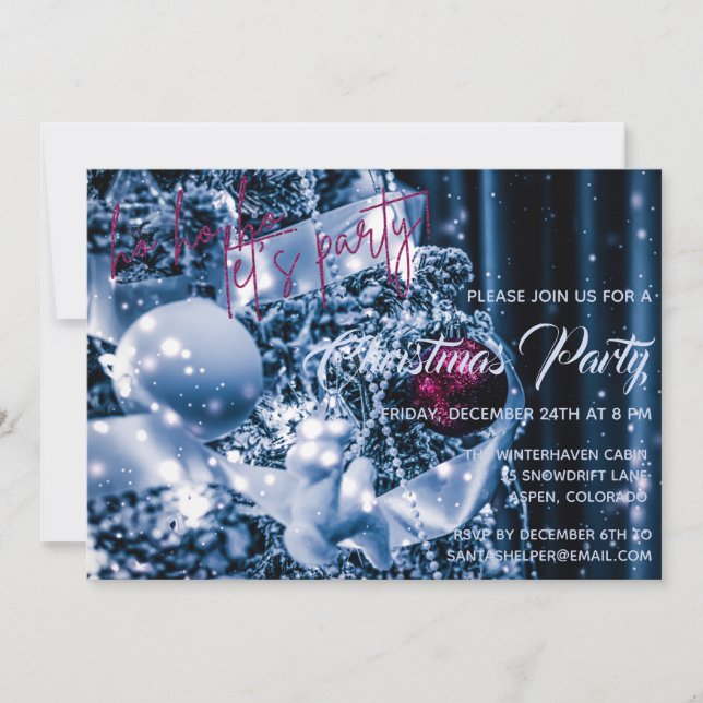 Silver and Magenta Glitter Bauble Christmas Party Invitation (Front)
