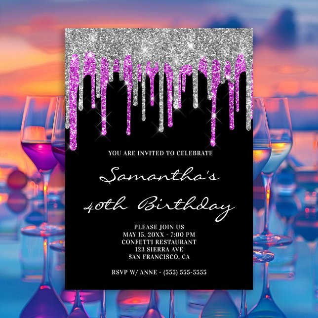 Silver and Magenta Glitter Drips Black Birthday Invitation (Silver and Magenta Glitter Drips Black Birthday Invitation)