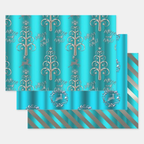 Silver and Metallic Aqua Christmas Wrapping Paper