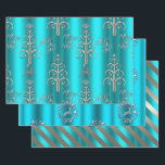 Silver and Metallic Aqua Christmas Wrapping Paper Sheets<br><div class="desc">A gorgeous teal (or aqua) and silver Christmas wrapping paper featuring three different designs. The first sheet consists of a very colorful metallic aqua gradient base with silver Christmas trees and reindeer, with the words 'Merry and Bright'. The second sheet has an aqua background with silver reindeer inside metallic silver...</div>