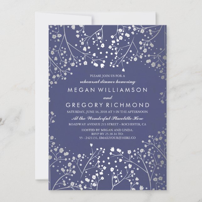Silver and Navy Baby's Breath Rehearsal Dinner Invitation (Front)