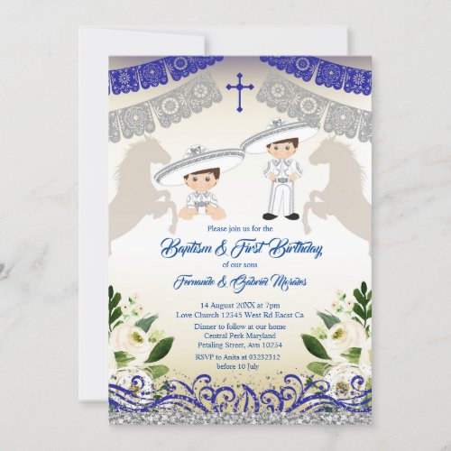 Silver and Navy Blue Boy Baptism and Birthday Invitation