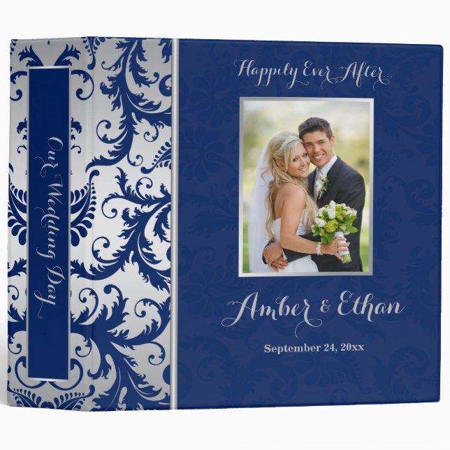 Silver and Navy Blue Damask Wedding Binder/Album Binder (Front/Spine)