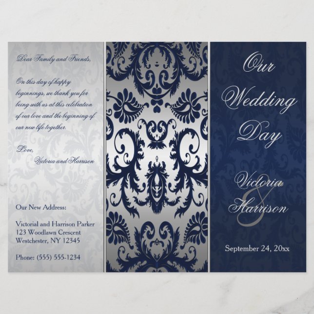 Silver and Navy Blue Damask Wedding Program (Front)