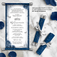 Silver and Navy Blue Quince DIY Scroll Invitations