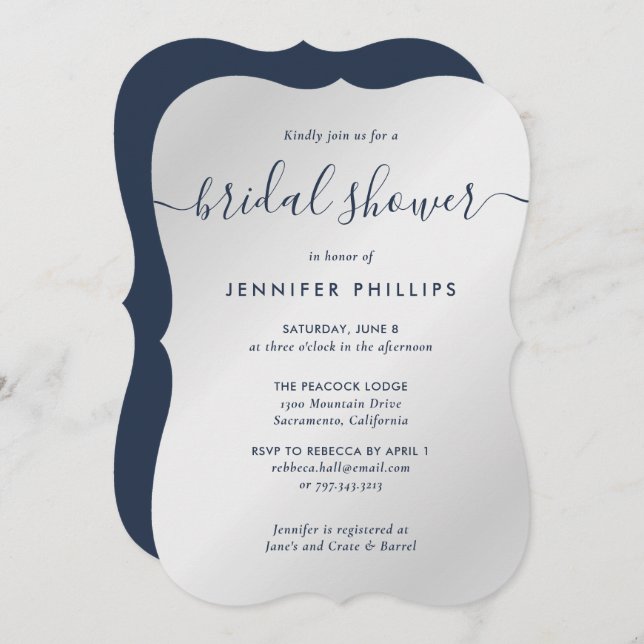 Silver and Navy Blue Script Bridal Shower Invitation (Front/Back)