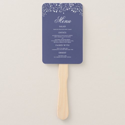 Silver and Navy Blue Wedding Menus Hand Fan