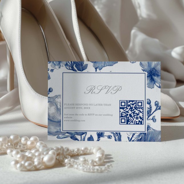 Silver And Navy Blue Wedding QR code RSVP Card (Creator Uploaded)