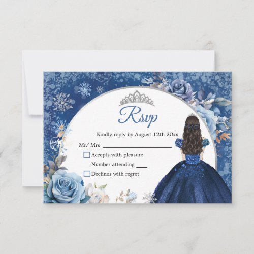 Silver and Navy Blue Winter Snowflake Quinceanera RSVP Card