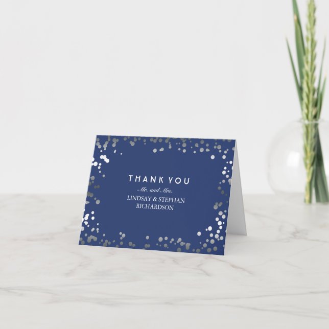 Silver and Navy Confetti Elegant Wedding Thank You Card (Front)