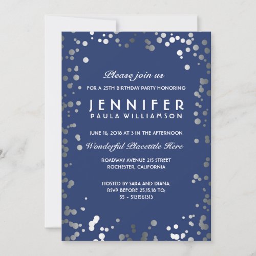 Silver and Navy Confetti Vintage Birthday Party Invitation - Navy blue and silver confetti elegant modern birthday party invitation