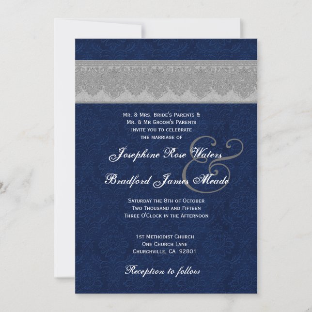 Silver and Navy Damask Ribbon Monogram Wedding Invitation (Front)