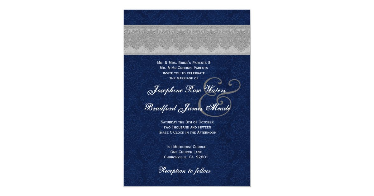 Silver and Navy Damask Ribbon Monogram Wedding Invitation | Zazzle.com