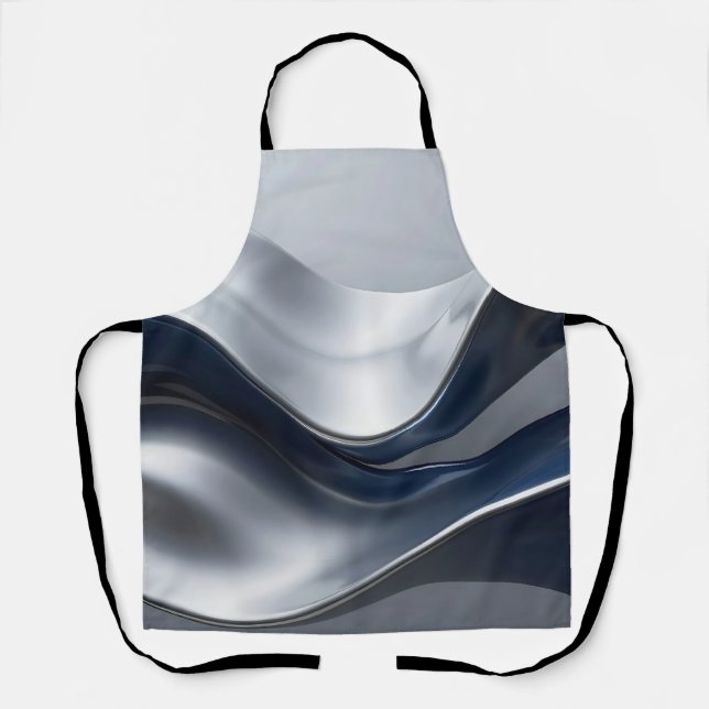 Silver And Navy Fluid Waves Abstract Modern Design Apron (Front)