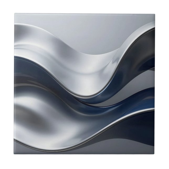 Silver And Navy Fluid Waves Abstract Modern Design Ceramic Tile (Front)