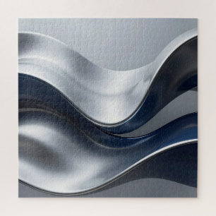Silver And Navy Fluid Waves Abstract Modern Design Jigsaw Puzzle