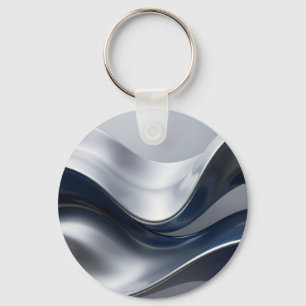 Silver And Navy Fluid Waves Abstract Modern Design Keychain