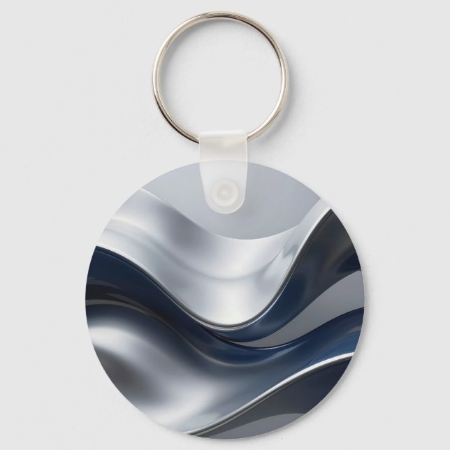 Silver And Navy Fluid Waves Abstract Modern Design Keychain (Front)