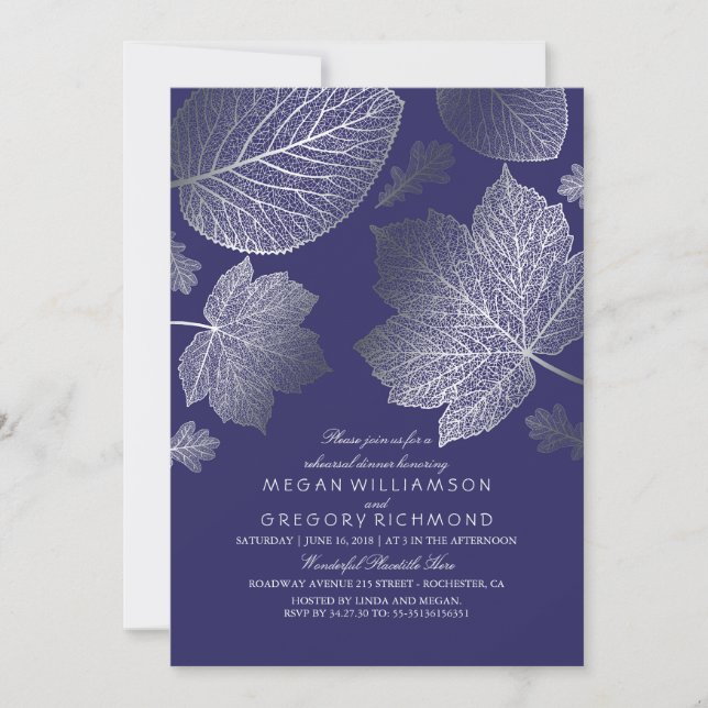 Silver and Navy Leaves Fall Rehearsal Dinner Invitation (Front)