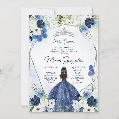 Silver and Navy Mexican Girl Sweet 16th Invitation