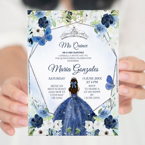 Silver and Navy Mexican Girl Sweet 16th Invitation