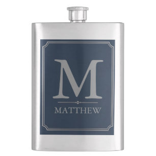 Silver and Navy Monogram Design Flask