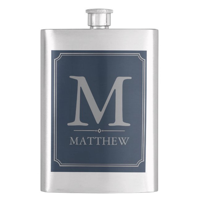 Silver and Navy Monogram Design Flask (Front)