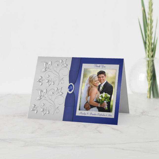 Silver and Navy Photo Thank You Card (Front)