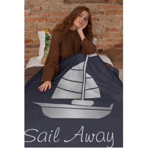 Silver and Navy Sail Away Fleece Sailboat Blanket