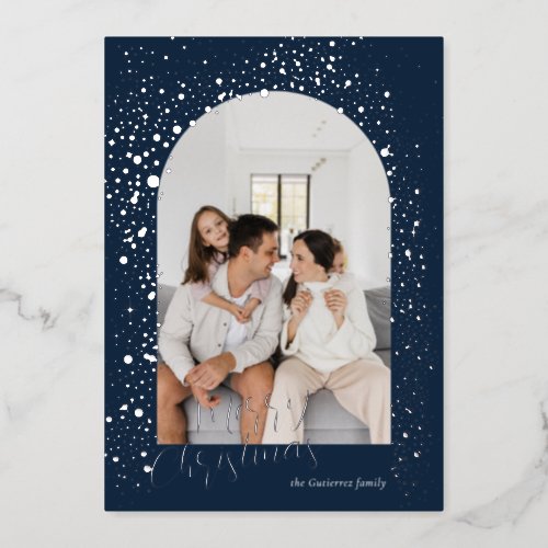 Silver and Navy Sparkle Arch Photo Foil Holiday Card