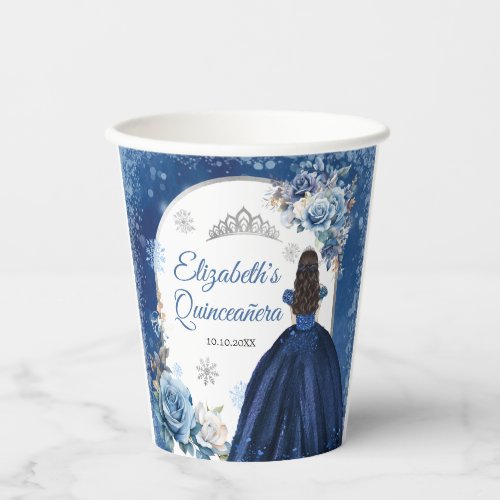 Silver and Navy Winter Snowflake Girls Sweet 16th Paper Cups
