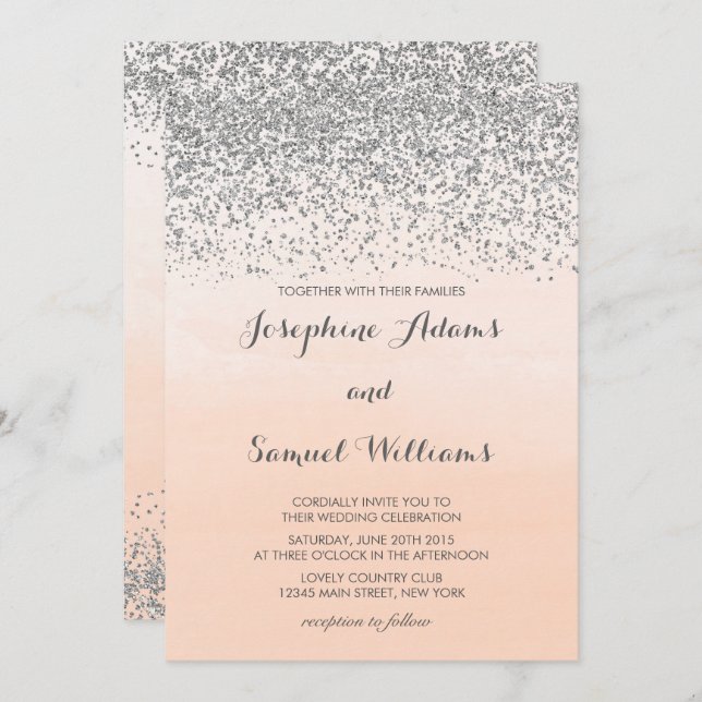 Silver and Peach Orange Wedding Invitation (Front/Back)