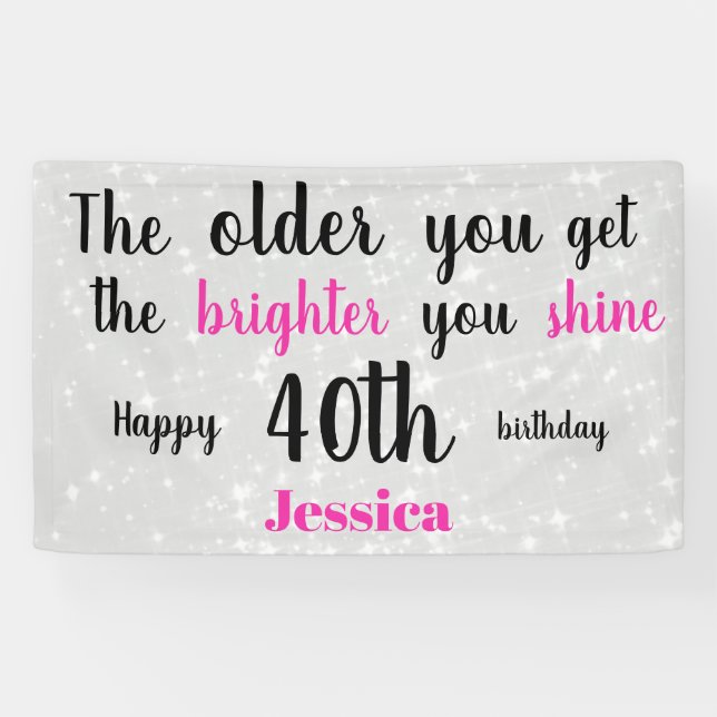 Silver and Pink 40th  Birthday personalised Banner (Horizontal)